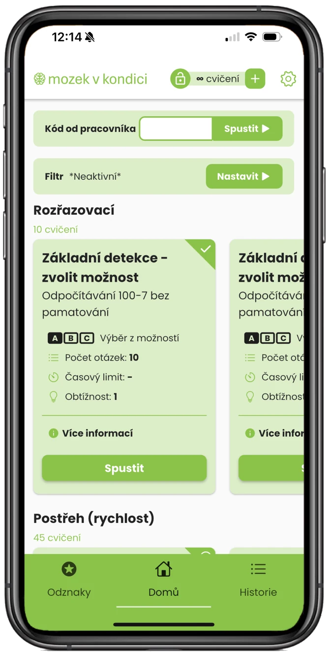 Brainmondo app screen with a list of exercises sorted into categories